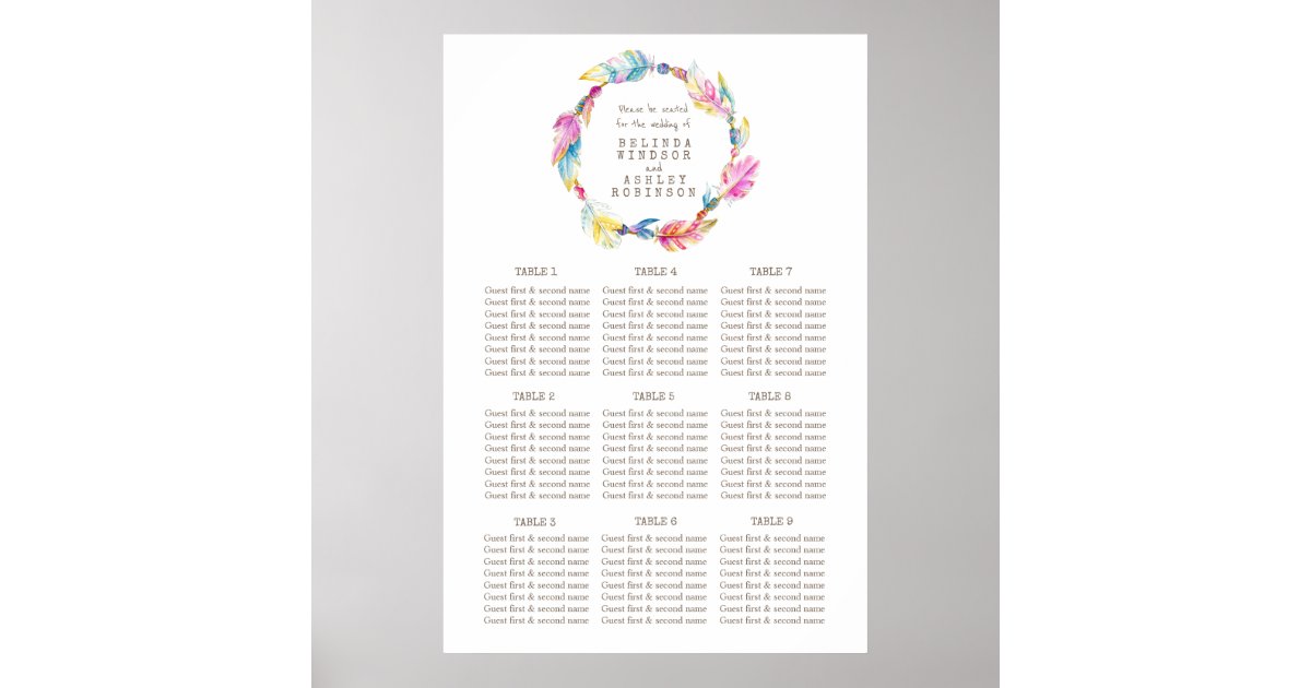 Colourful feather watercolor wedding table plan poster Zazzle