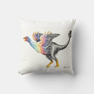 Colourful feathered dinosaur cushion