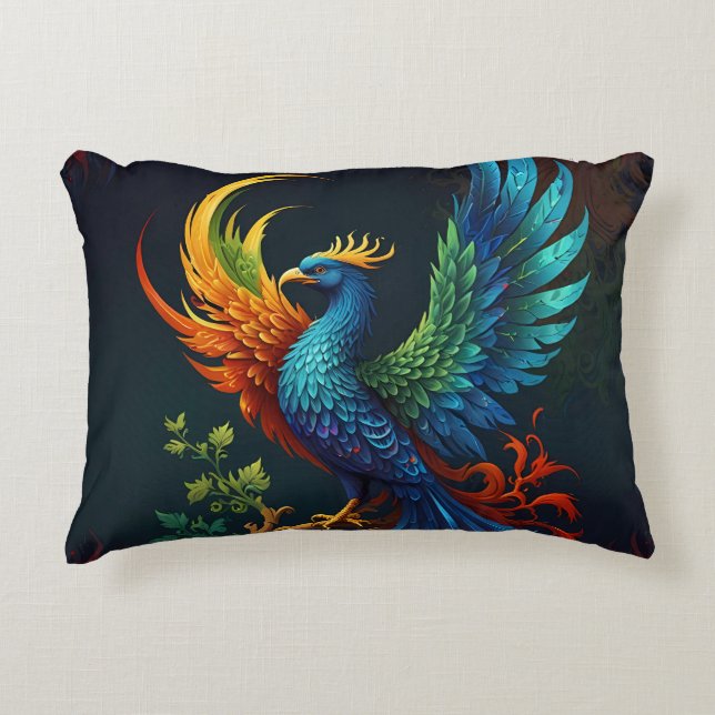 Colourful Feathered Phoenix Bird Pattern  Decorative Cushion (Front)