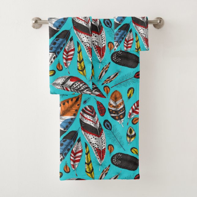 Colourful feathers bath towel set (Insitu)
