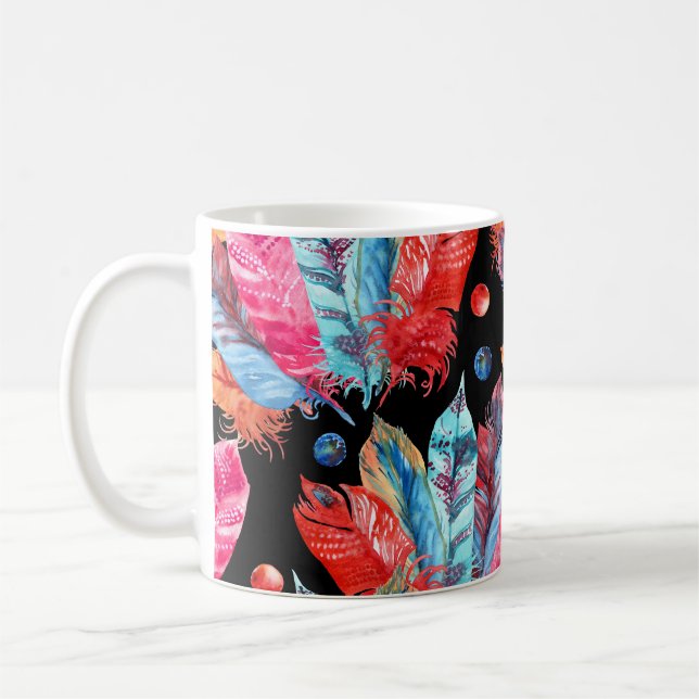 Colourful feathers, boho, seamless, vibrant. coffee mug (Left)