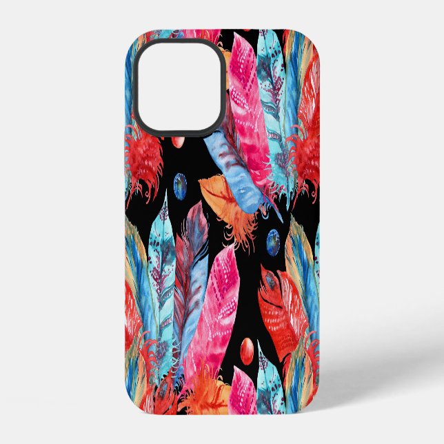 Colourful feathers, boho, seamless, vibrant. iPhone case (Back)