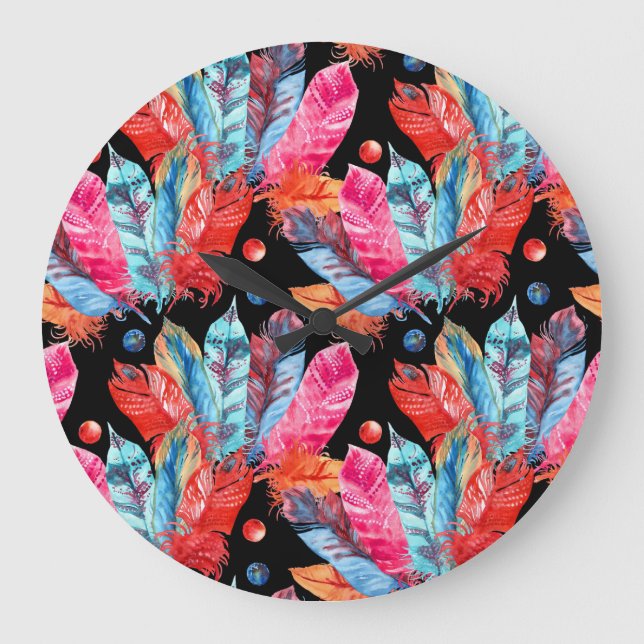 Colourful feathers, boho, seamless, vibrant. large clock (Front)