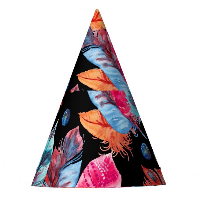 Colourful feathers, boho, seamless, vibrant. party hat (Front)