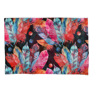 Colourful feathers, boho, seamless, vibrant. pillowcase