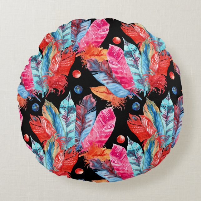 Colourful feathers, boho, seamless, vibrant. round cushion (Front)