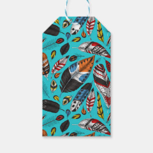 Colourful feathers gift tags