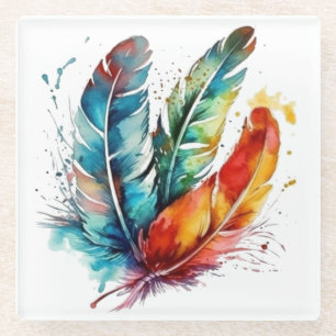 Colourful feathers Native American water colour  Glass Coaster