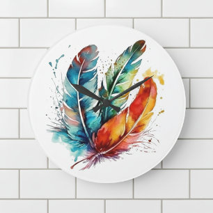 Colourful feathers Native American water colour  Large Clock