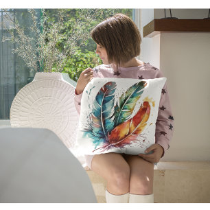Colourful feathers Native American watercolor  Cushion