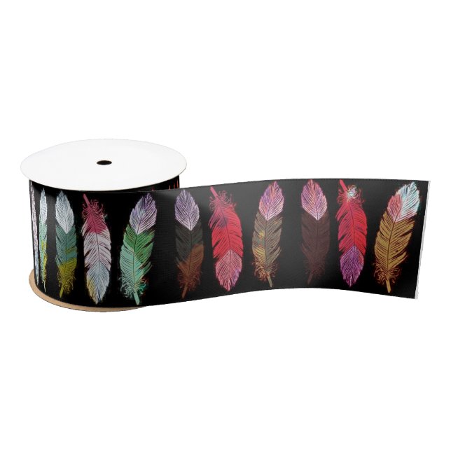 Colourful feathers on black satin ribbon (Spool)