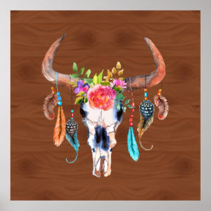 Colourful Feathers On Bull Skull Poster