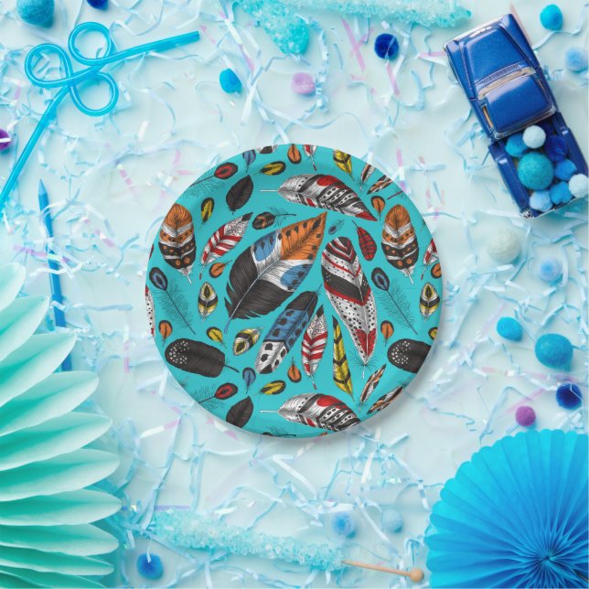 Colourful feathers paper plate (Party)