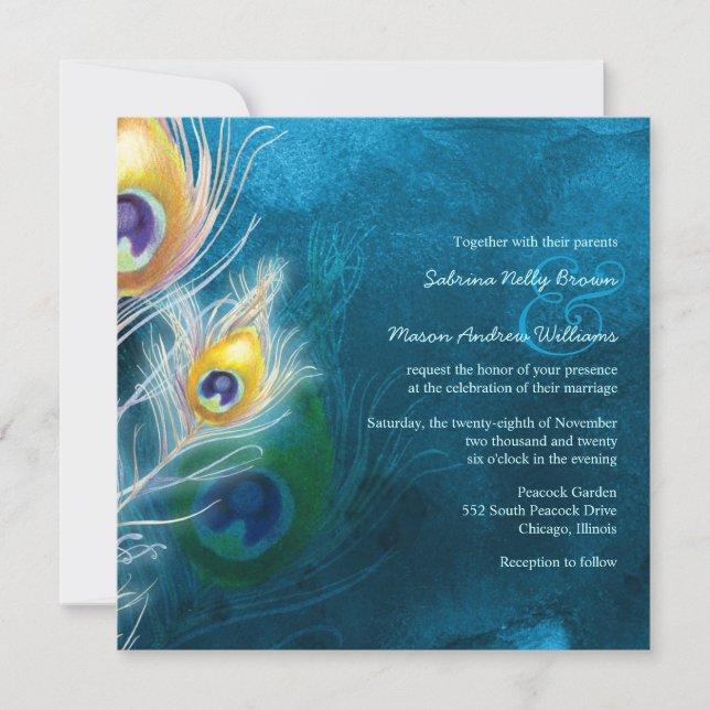 Colourful Feathers Peacock Theme Wedding Invitatio Invitation (Front)