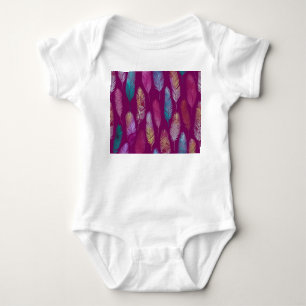 Colourful feathers: purple background pattern. baby bodysuit