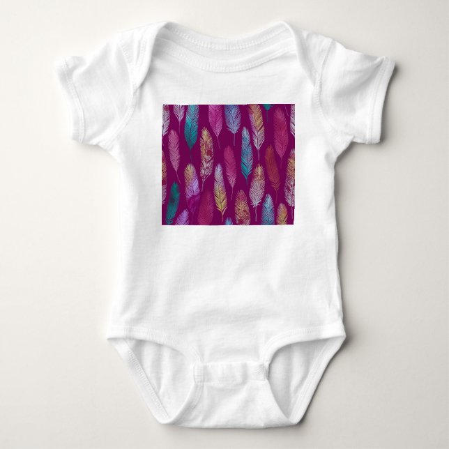 Colourful feathers: purple background pattern. baby bodysuit (Front)