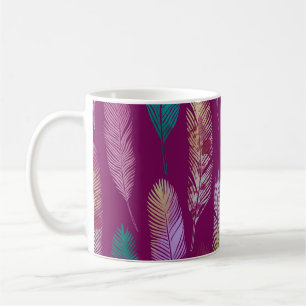 Colourful feathers: purple background pattern. coffee mug