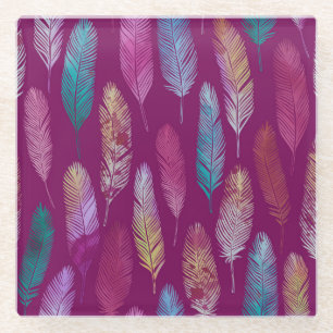 Colourful feathers: purple background pattern. glass coaster