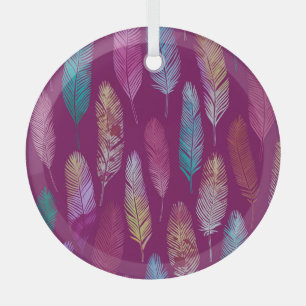 Colourful feathers: purple background pattern. glass tree decoration