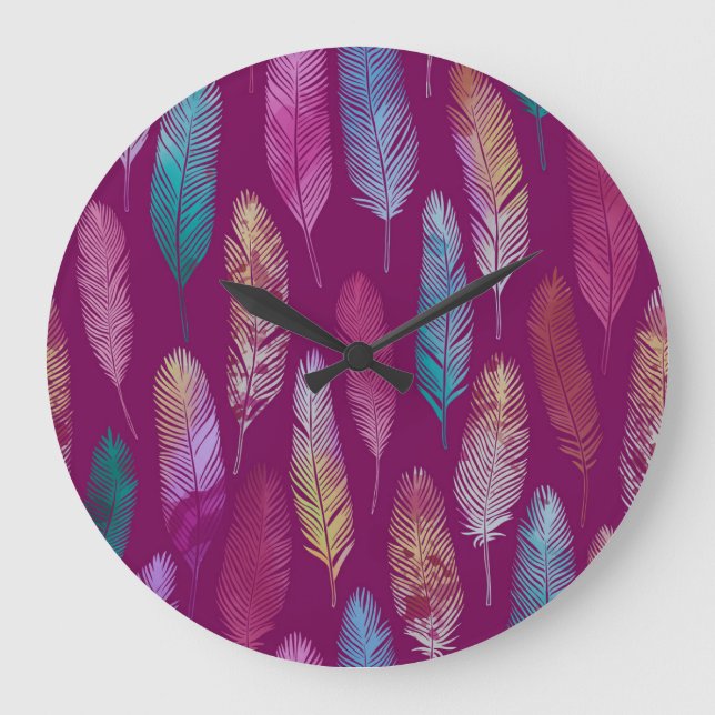 Colourful feathers: purple background pattern. large clock (Front)