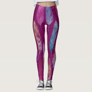 Colourful feathers: purple background pattern. leggings