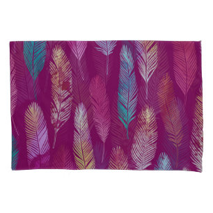 Colourful feathers: purple background pattern. pillowcase