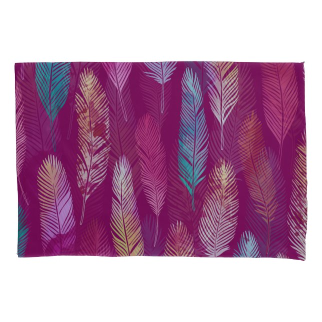 Colourful feathers: purple background pattern. pillowcase (Front)