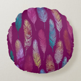 Colourful feathers: purple background pattern. round cushion