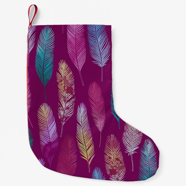 Colourful feathers: purple background pattern. small christmas stocking (Front)