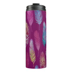 Colourful feathers: purple background pattern. thermal tumbler