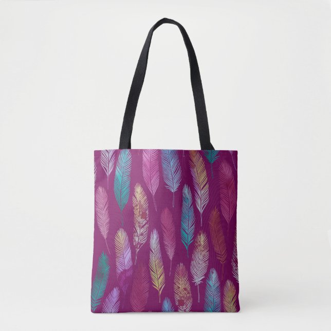 Colourful feathers: purple background pattern. tote bag (Front)
