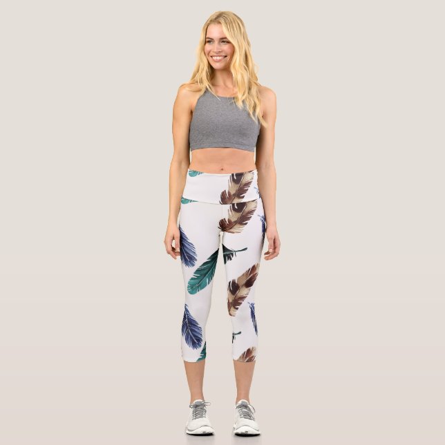 Colourful Feathers Tribal Texture Capri Leggings (Front)