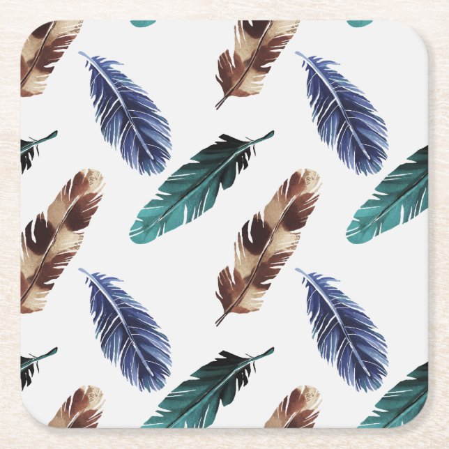 Colourful Feathers Tribal Texture Square Paper Coaster (Front)