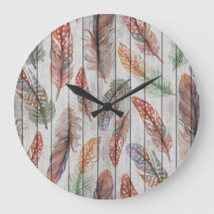 Colourful Feathers, Watercolor Seamless Design. Large Clock