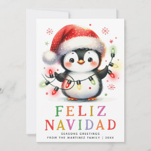Colourful Feliz Navidad Penguin Spanish Christmas Holiday Card