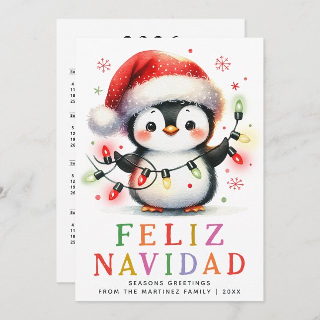 Colourful Feliz Navidad Penguin Spanish Christmas Holiday Card (Front/Back)