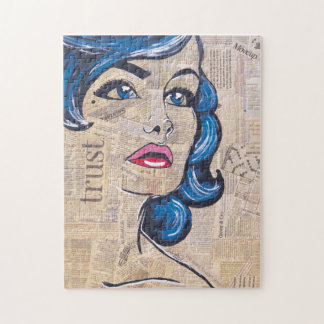 Colourful Female Portrait Blue Pop Art Woman Jigsaw Puzzle