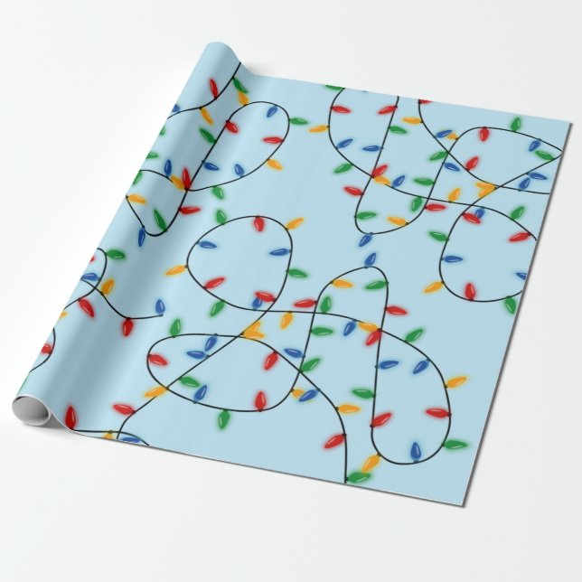 Colourful Festive Christmas Lights Pattern Blue  Wrapping Paper (Unrolled)