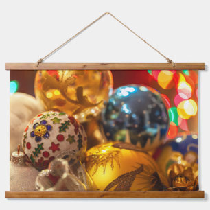 Colourful Festive Christmas Ornaments Close up Hanging Tapestry