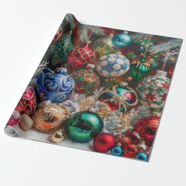 Colourful Festive Christmas Ornaments Wrapping Paper (Unrolled)