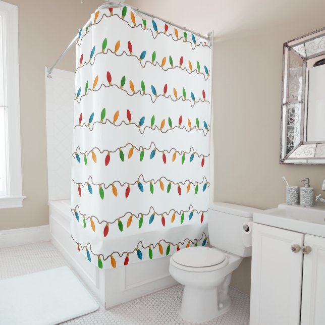 Colourful Festive Christmas String Lights Holiday Shower Curtain (In Situ)