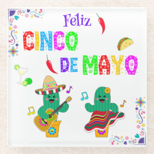 Colourful Festive Cinco de Mayo 2025 Dancing Cactu Glass Coaster