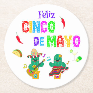 Colourful Festive Cinco de Mayo 2025 Dancing Cactu Round Paper Coaster