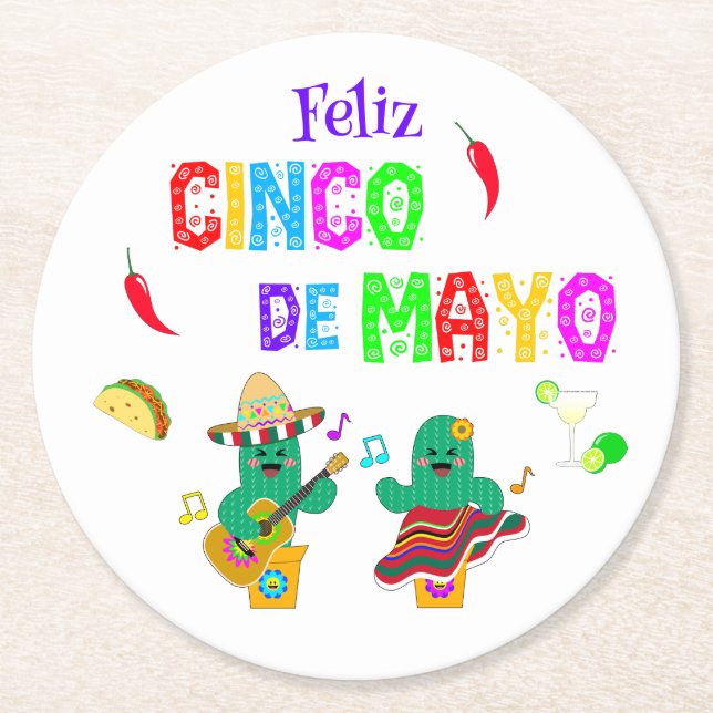 Colourful Festive Cinco de Mayo 2025 Dancing Cactu Round Paper Coaster (Front)