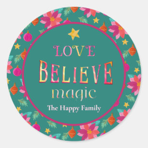 Colourful Festive Floral Believe Christmas  Classic Round Sticker