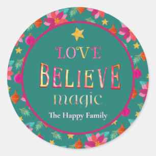 Colourful Festive Floral Believe Christmas Classic Round Sticker