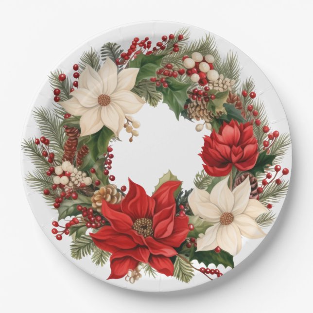 Colourful Festive Floral Christmas Wreath  Paper Plate (Front)