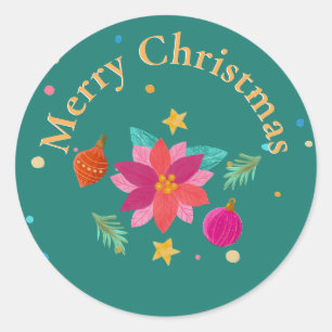 Colourful Festive Floral Green Pink Christmas Classic Round Sticker