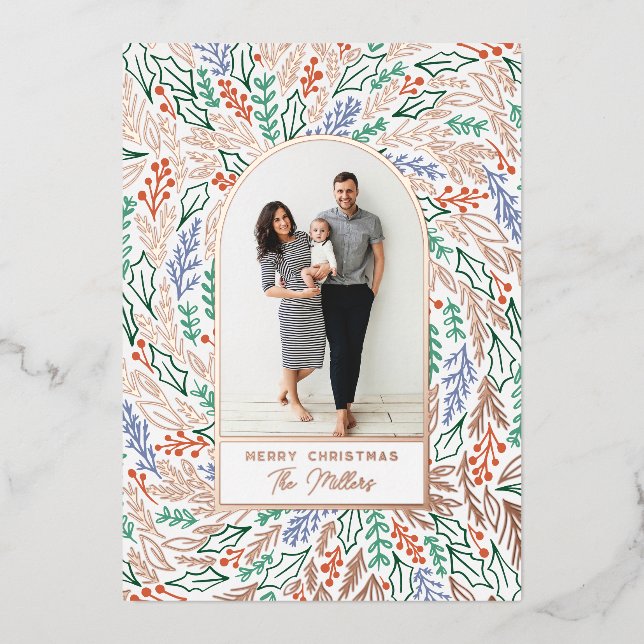Colourful Festive Floral Photo Arch Christmas Foil Holiday Card (Front)