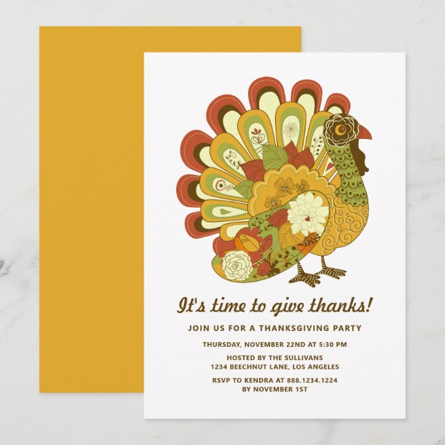 Colourful Festive Floral Turkey Thanksgiving Dinne Invitation (Front/Back)